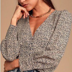 Lulu's Sweet Spot Cheetah and Taupe Print Blouse - Large - Super Sexy 🌟
